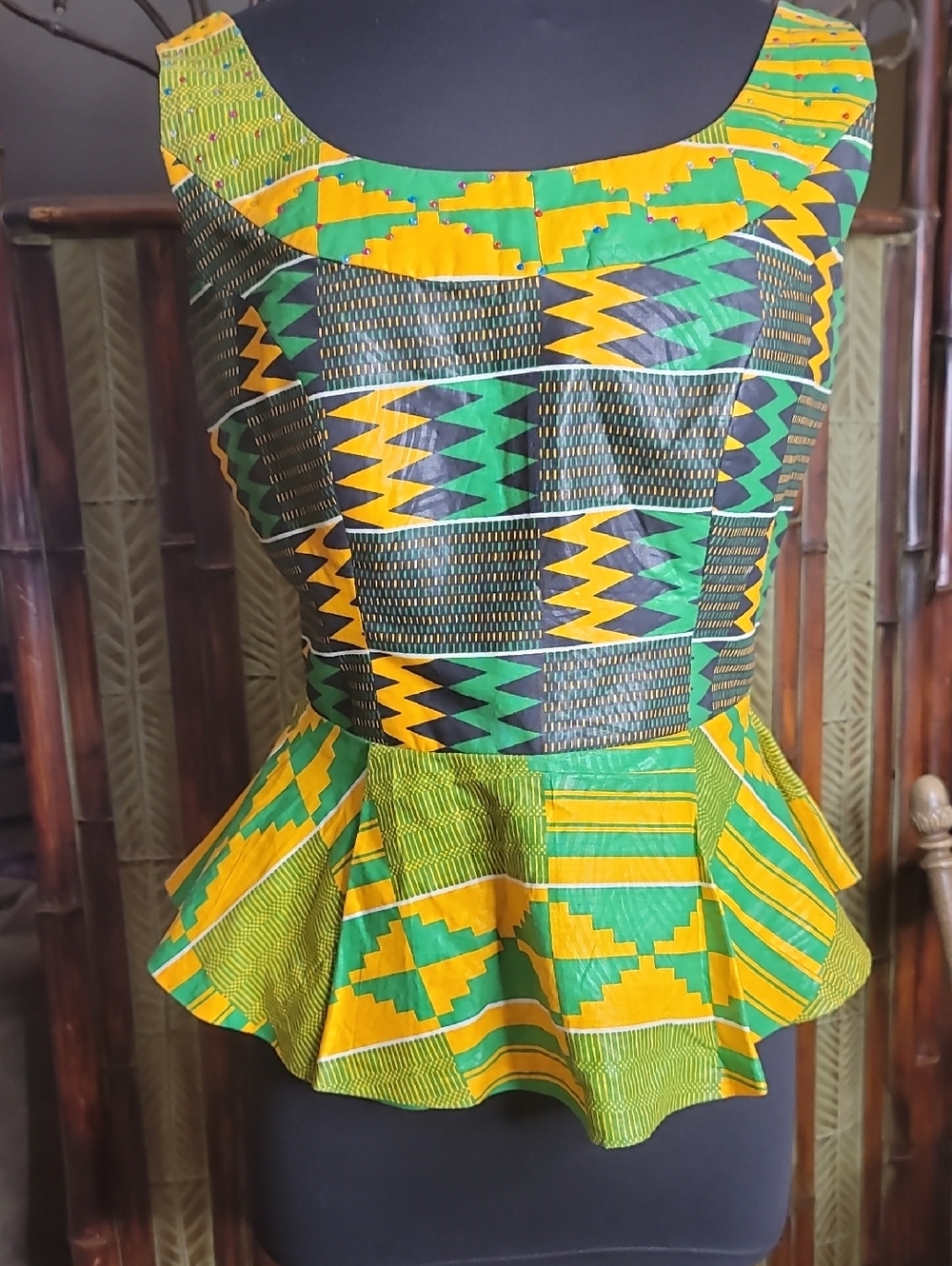 African Print Green and Yellow Peplum Top